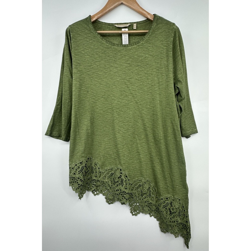 Soft Surroundings Ayesha Lace Trim Green Tunic 1X Asymmetrical 100% Cotton NWT